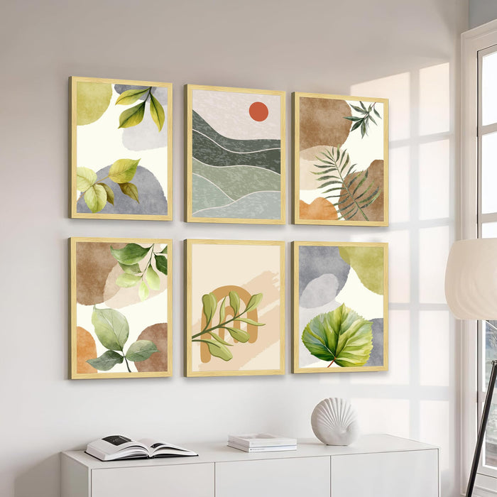 Botanical Abstract Framed Painting Wall Art Set of 6 | Green Leaf & Landscape Prints | Soft Neutral Tones | Engineered wood Frame Wall Décor, (Size: A3)