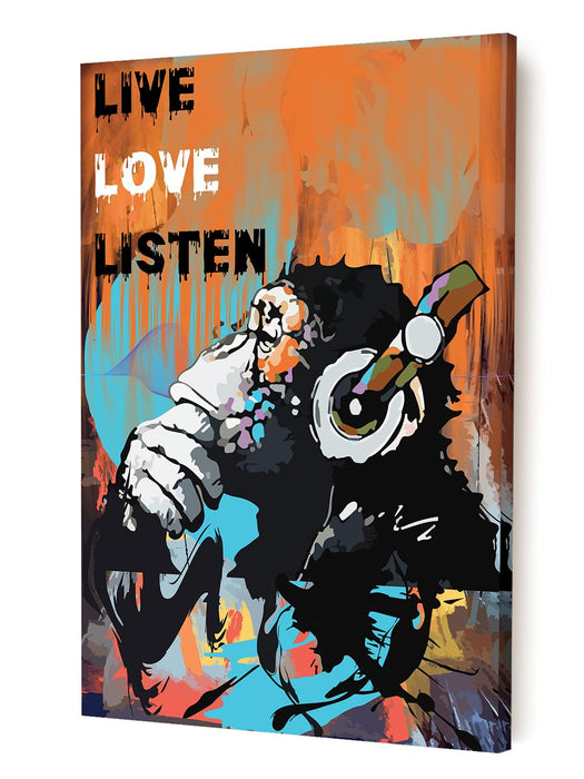 Art Street Stretched Canvas Painting Monkey Live Love Listen Pop Graffiti Art For Home (Size: 16x22 Inch)