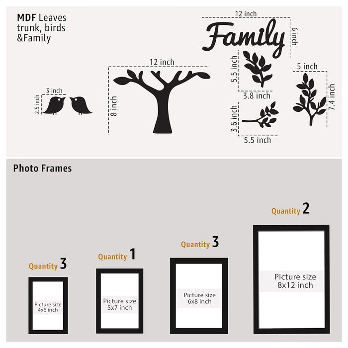 Family Tree Wall Photo Frame Set Pack of 9 with 10 MDF Cutouts for Home Decoration Wall Photo Frame Collage for Living Room Bedroom