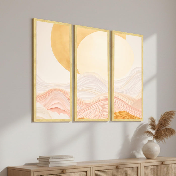 Abstract Layered Landscape Framed Wall Art Set of 3 | Modern Boho Minimal Wall Décor | Engineered Wood Frame Art for Living Room, Bedroom & Office, 8.9x18.9 Inch
