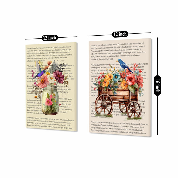 Art Street Set of 2 Stretched Canvas Painting Jardin Bird and Floral Dictionary Wall Art for Home Decor, Living room, Office, Hotel & Bedroom Size (12x16 inch)