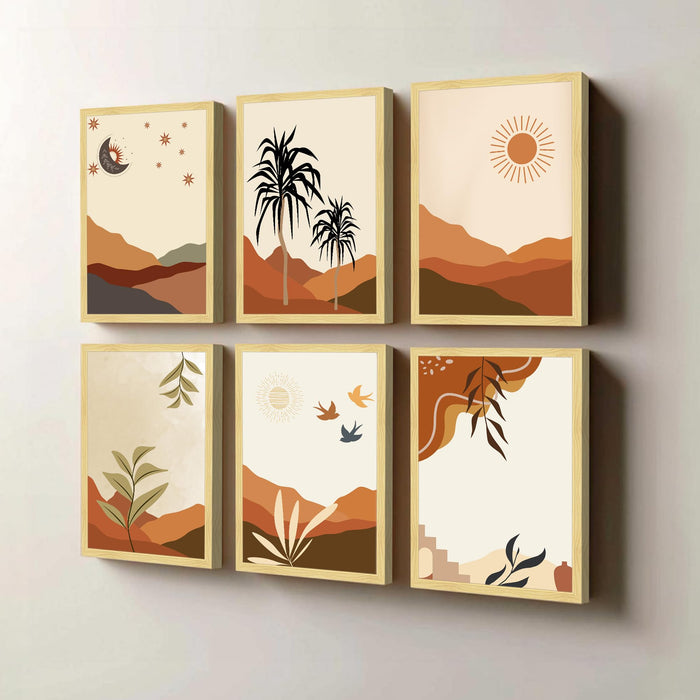 Boho Landscape Framed Painting Wall Art Set of 6 | Sun, Moon & Botanical Desert Prints | Warm Earth Tones | Engineered wood Frame Wall Décor, (Size: A3)