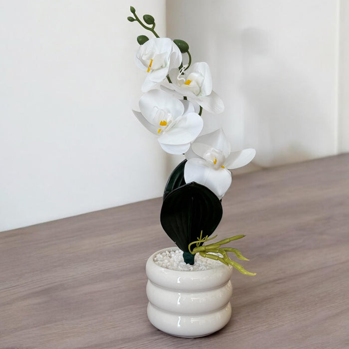 Ceramic Potted Vase Artificial Orchid Flower with Round Wave Pot for Table Top (White, Size: 3x12Inch)