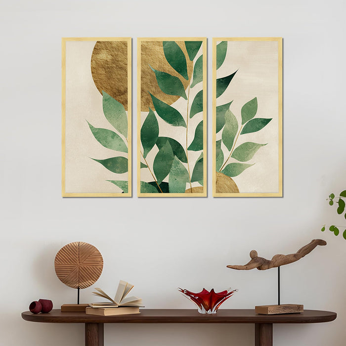 Botanical Leaf Framed Wall Art Set of 3 | Modern Nature-Inspired Boho Wall Décor | Engineered Wood Frame Art for Living Room, Bedroom & Office, 8.9x18.9 Inch