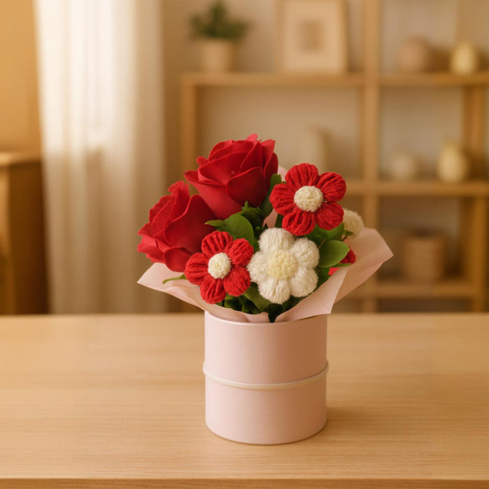 Art Street Artificial Rose & Knitted Daisy Flower Bouquet in Pink Gift Box – Handmade Decorative Floral Arrangement for Home Décor, Gifting, Office Table, Valentine Day & Anniversary