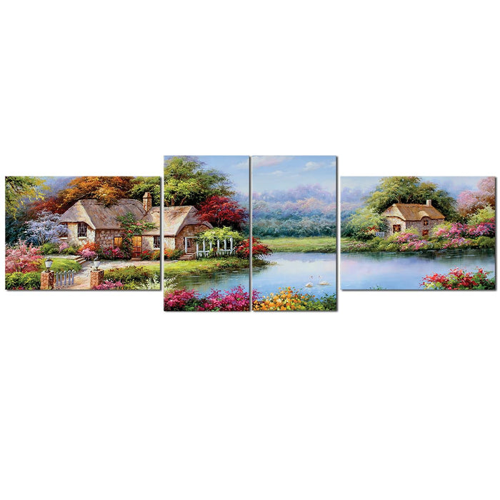 Art Street Stretched On Frame Modern Canvas Wall Art Painting Abstract Beautiful Lake House Landscape For Home, Bedroom, Office Decoration (Set Of 4, 2 Pcs 12x22 & 2 Pcs 16x22 Inch)