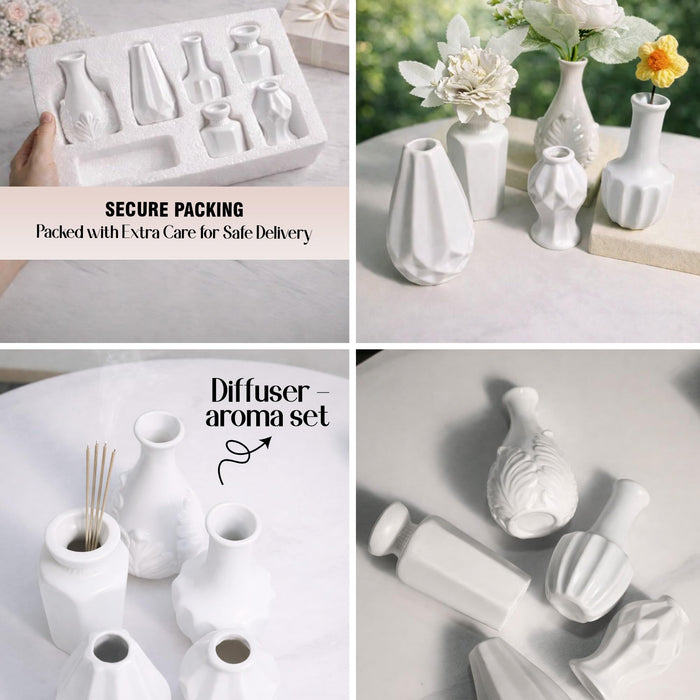Set of 5 White Ceramic Decorative Vases for Home Decor | Modern Minimal Flower Vase Set for Living Room, Bedroom, Table & Gift