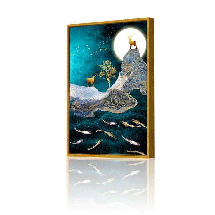 Colorful Mother & Child Deer in the Forest Framed Decorative Wall Art, Framed Canvas Painting (Size:23x35 Inch)