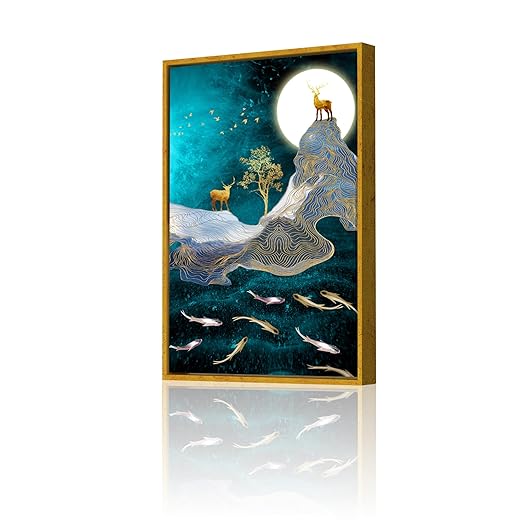 Art Street Golden Deer On the Top Of the Mountain with Moon, Framed Canvas Painting (Size:23x35 Inch)