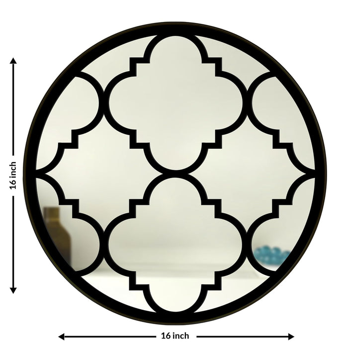Decorative Round Acrylic Jali Wall Mirror with Side Metal Black PVC Moulding, Wall Mirror (16x16 Inch)