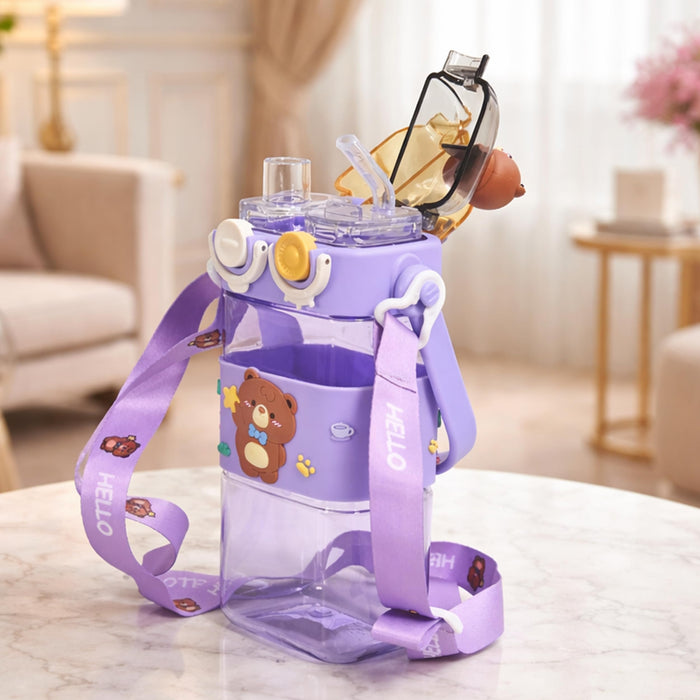 Art Street Cute Bear Kids Water Bottle with Straw & Strap - 580ml Leakproof BPA-Free Plastic Sipper—Cute Portable Dual-Drink Cartoon Tumbler for School, Girls & Boys (Purple, 17x7 cm)