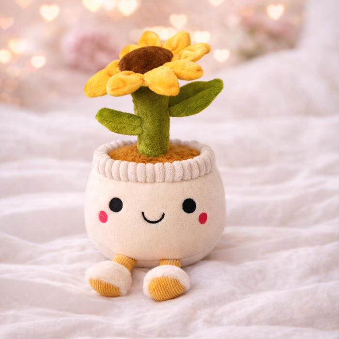 Art Street Cute White Potted Plush Plant with Smiling Face & Dangling Legs | Soft Sunflower Kawaii Desk Decor | Unique Gift for Plant Lovers, Valentine's Day
