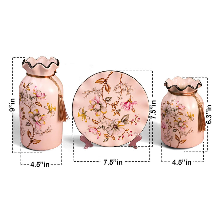 Flower Pinted Ceramic Vases and Decorative Plate Combo for Décor (White, 4.5x9 Inch and 8x8 Inch)