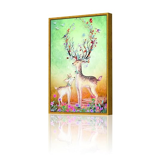 Art Street Colorful Mother & Child Deer in the Forest Framed Decorative Wall Art, Framed Canvas Painting (Size:23x35 Inch)