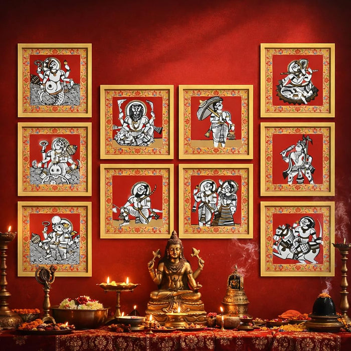 Dashavatar Wall Art Paintings With Frame For Living Room | 10 Avatars of Lord Vishnu Framed Paintings | Sacred Hindu Spiritual Wall Decor Poster for Home, Pooja Room, Gifting, Set of 10, Size 24x24 cm