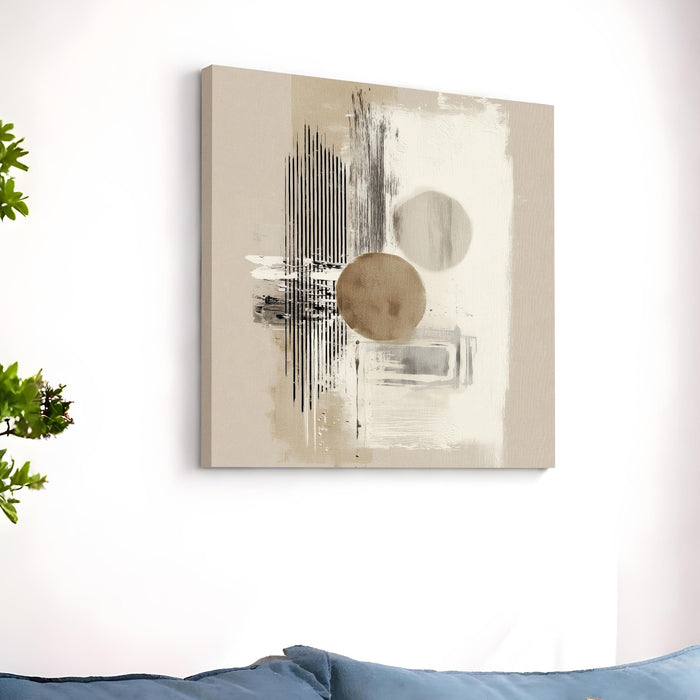 Abstract Minimalist Geometric Stretched Canvas Wall Art Painting for Living Room, Modern Neutral Painting, Overlapping Circles & Lines in Beige & Black for Office (56xx56 cm)