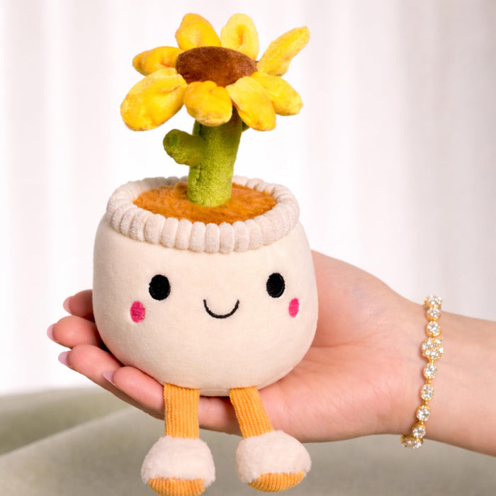 Art Street Cute White Potted Plush Plant with Smiling Face & Dangling Legs | Soft Sunflower Kawaii Desk Decor | Unique Gift for Plant Lovers, Valentine's Day