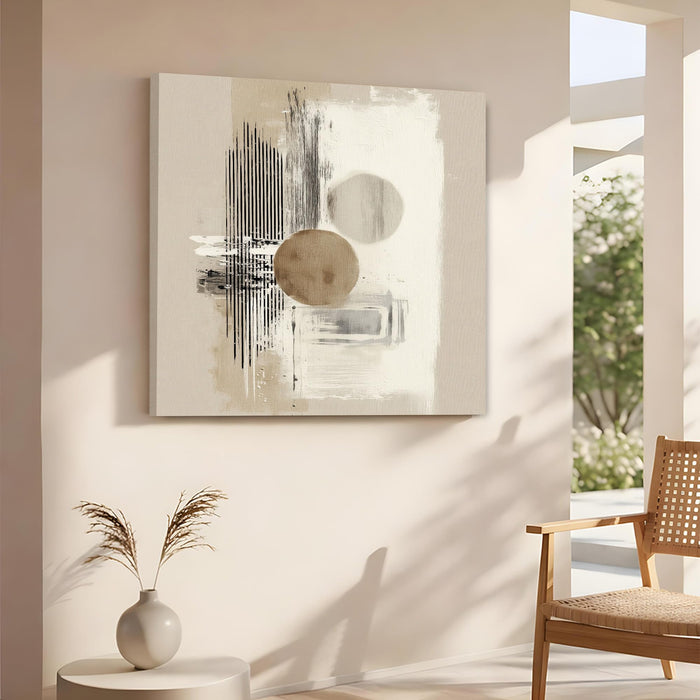 Abstract Minimalist Geometric Stretched Canvas Wall Art Painting for Living Room, Modern Neutral Painting, Overlapping Circles & Lines in Beige & Black for Office (56xx56 cm)