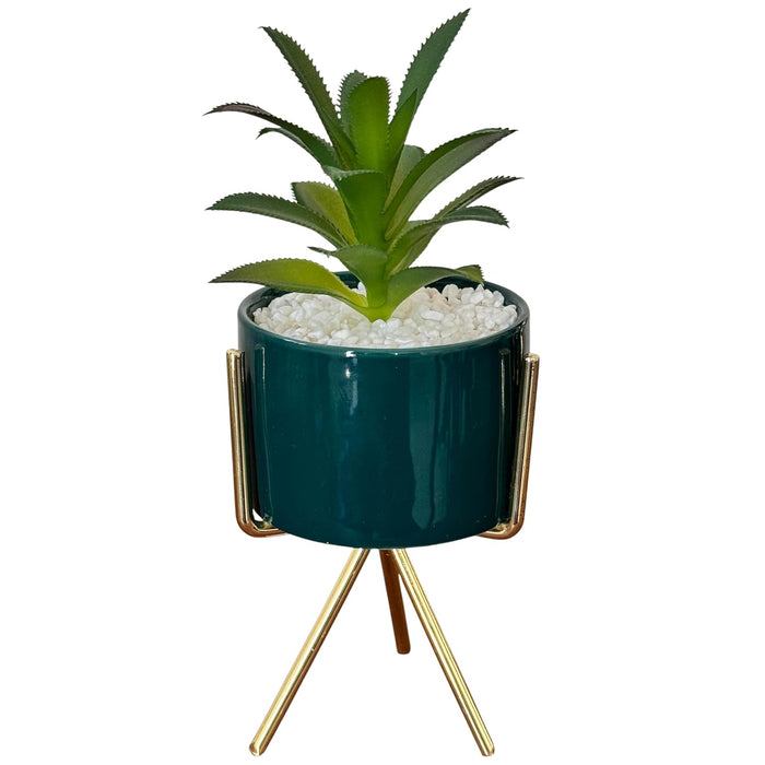 Ceramic Potted Vase Planter with Golden Metal Stand for Table Top (Green, Size: 3x5 Inch)