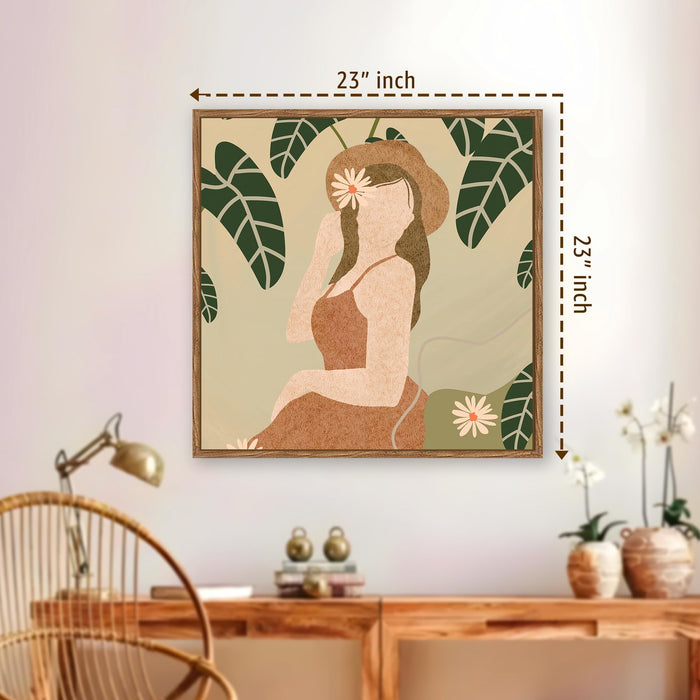 Boho Woman Botanical Framed Painting For Living Room | Tropical Woman Figurative Large Canvas Painting With Frame Wall Art For Bedroom, Hallway's, Office, Hotel, Size 58x58 cm
