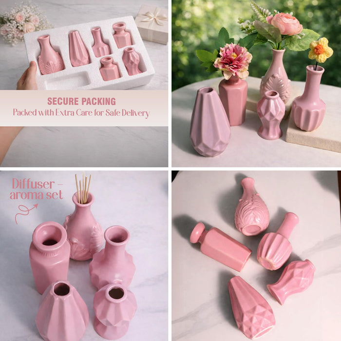 Set of 5 Pink Ceramic Decorative Vases for Home Decor | Modern Minimal Flower Vase Set for Living Room, Bedroom, Table & Gift