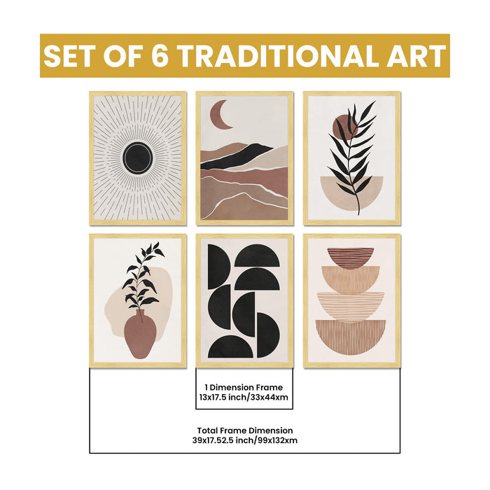 Boho Portrait & Abstract Framed Painting Wall Art Set of 6 | Modern Feminine, Botanical & Rainbow Prints | Soft Neutral Tones | Engineered wood Frame Wall Décor, (Size: A3)