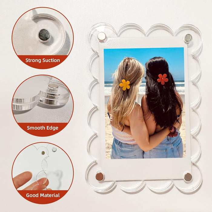 Acrylic Magnetic Picture Photo Frames 6x9 Cm Set of 4, Custom Acrylic Refrigerator, Scalloped Rectangle Fridge Magnetic Frames with Personalized Photos