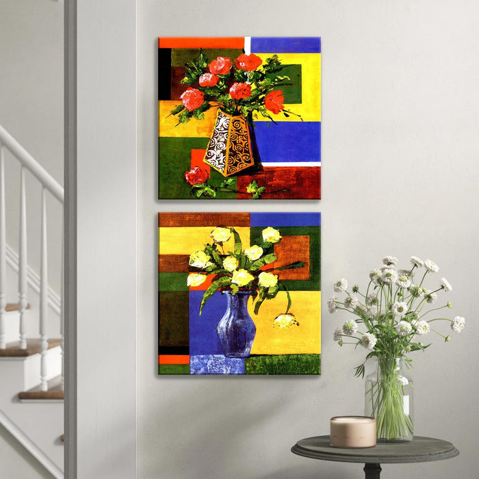 Decorative Jardin Birds Stretched Canvas Painting for Home Decor (Multicolor, Set of 2, 12 X 12 Inches)