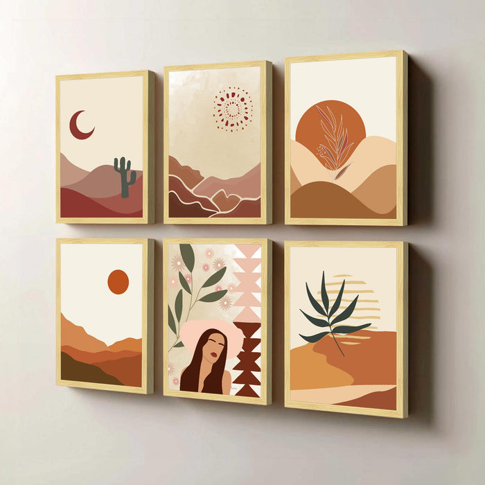 Boho Desert Framed Painting Wall Art Set of 6 | Sun, Moon, Botanical & Abstract Prints | Warm Earth Tones | Engineered wood Frame Wall Décor, (Size: A3)