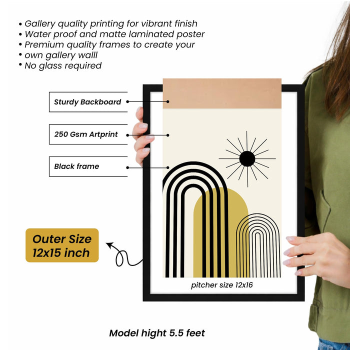 Abstract Boho Framed Painting Wall Art Set of 6 | Sun, Moon, Botanical & Geometric Prints | Neutral Earth Tones | Engineered wood Frame Wall Décor, (Size: A3)