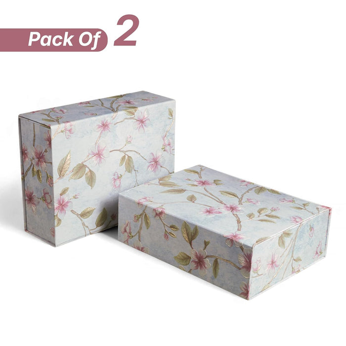 Foldable Cardboard Flowers Printed Hamper Gift Box Set of 2, Multipurpose Gift Hamper Box For Special Occasions, Wedding Gift Packaging (Blue)