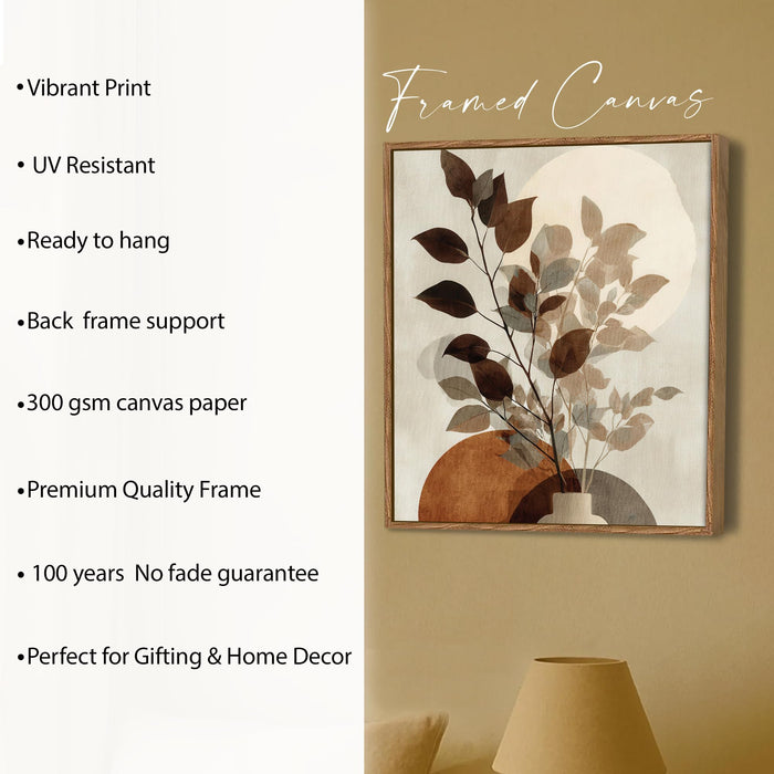 Abstract Vase Leaf Framed Painting For Living Room | Modern Botanical Large Canvas Painting With Frame Wall Art For Bedroom, Hallway's, Office, Hotel, Size 58x58 cm