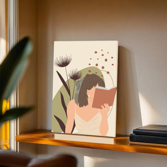 PAINTINGMANTRA Abstract Women Studying floral Stretched Canvas Wall Art Modern Boho Illustration Painting for Home & Office Wall Decor, (16x22 Inch)