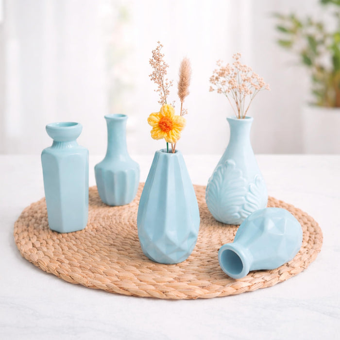 Set of 5 Light Blue Ceramic Decorative Vases for Home Decor | Modern Minimal Flower Vase Set for Living Room, Bedroom, Table & Gift