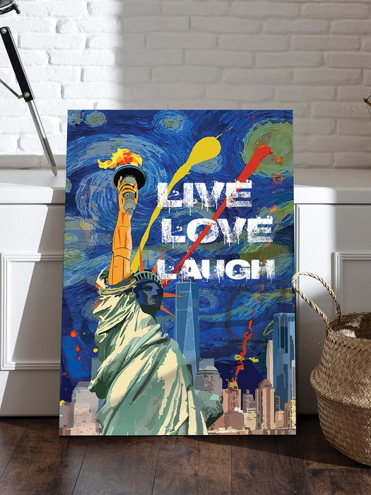 Art Street Stretched Canvas Painting Statue of Liberty Live Love Laugh Pop Graffiti Art For Home (Size: 16x22 Inch)