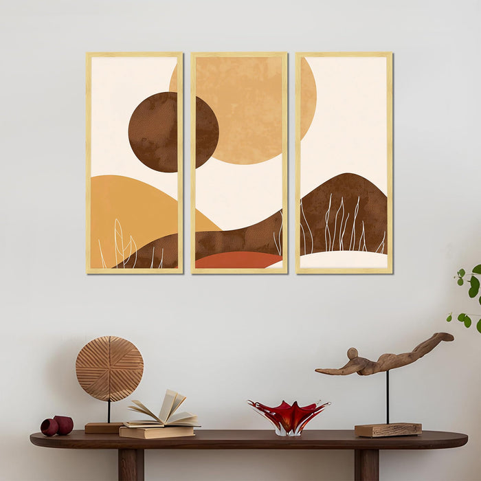 Abstract Landscape Framed Wall Art Set of 3 | Modern Boho Geometric Wall Décor | Engineered Wood Frame Prints for Living Room, Bedroom & Office, 8.9x18.9 Inch