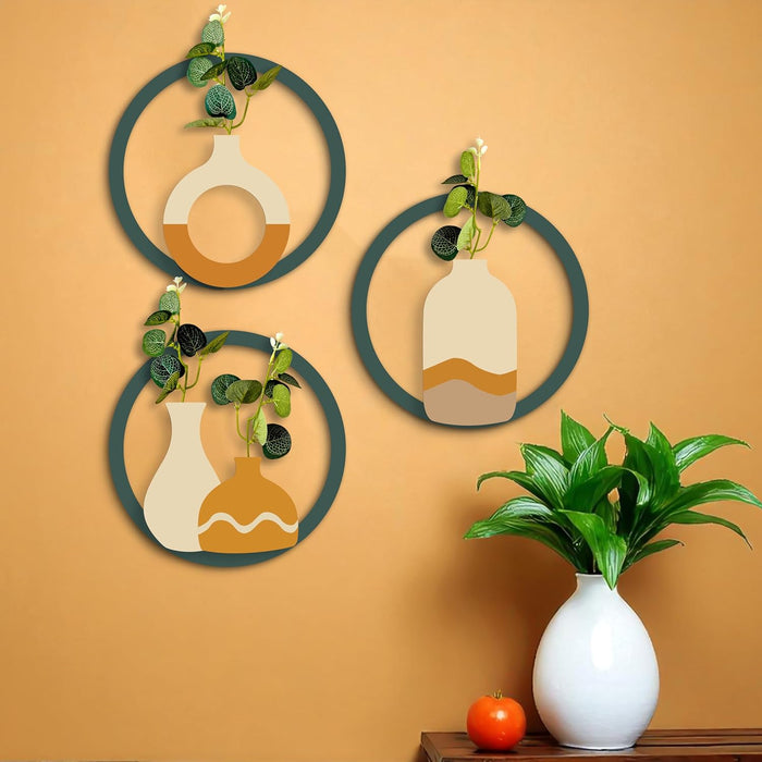 MDF Boho Wall Decor Round Vase Hanging with Artificial Plant Leaf Pack of 3 Wooden Circular Wall Decoration 20x20 cm