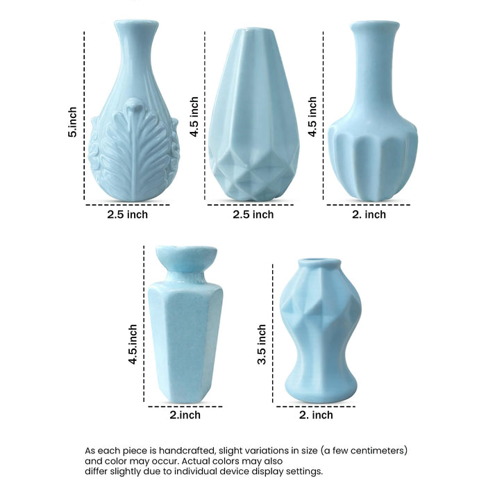 Set of 5 Light Blue Ceramic Decorative Vases for Home Decor | Modern Minimal Flower Vase Set for Living Room, Bedroom, Table & Gift