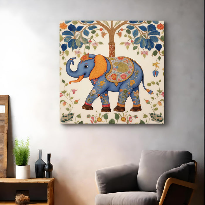 Traditional Madhubani Blue Elephant Stretched Wall Art Painting For Living Room, Indian Folk Tree of Life Stretched Canvas Painting, Ethnic Home Decor for Living Room & Office (56xx56 cm)