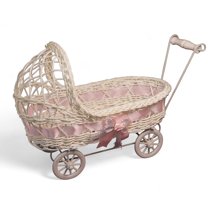 Gift Hamper Wicker Trolley, Mini Doll Stroller Shape Flower Basket/Gift Presenter, Organizer for Home and Table Décor (9x12 Inch)