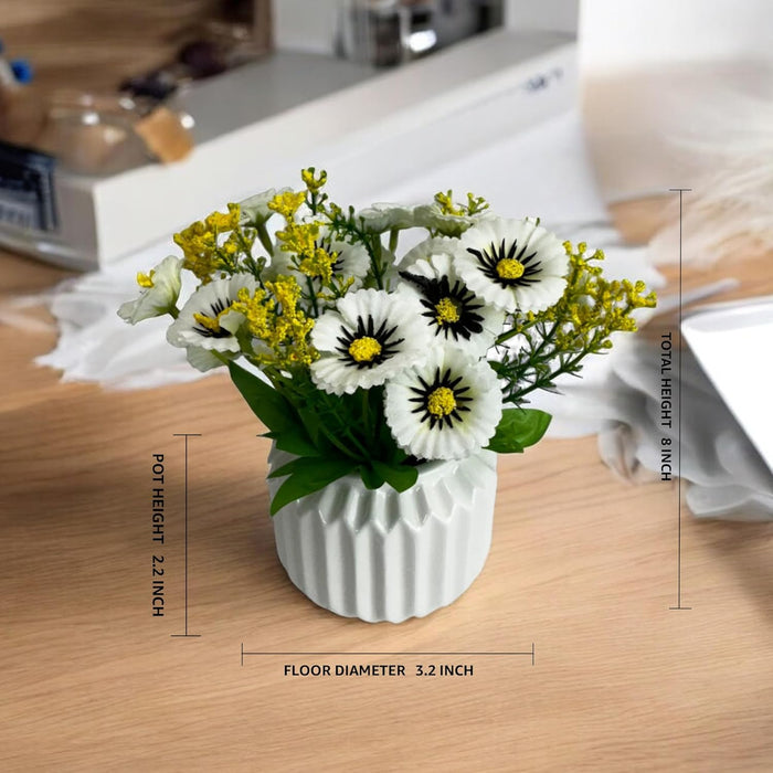 Art Street Ceremic Flower Vase with Artificial Flowers, White Daisy Bunch Silk Flowers in Pot for Home, Table, Window, Living Room, Bedroom, Office (White, Size: 3.2x8 Inch)