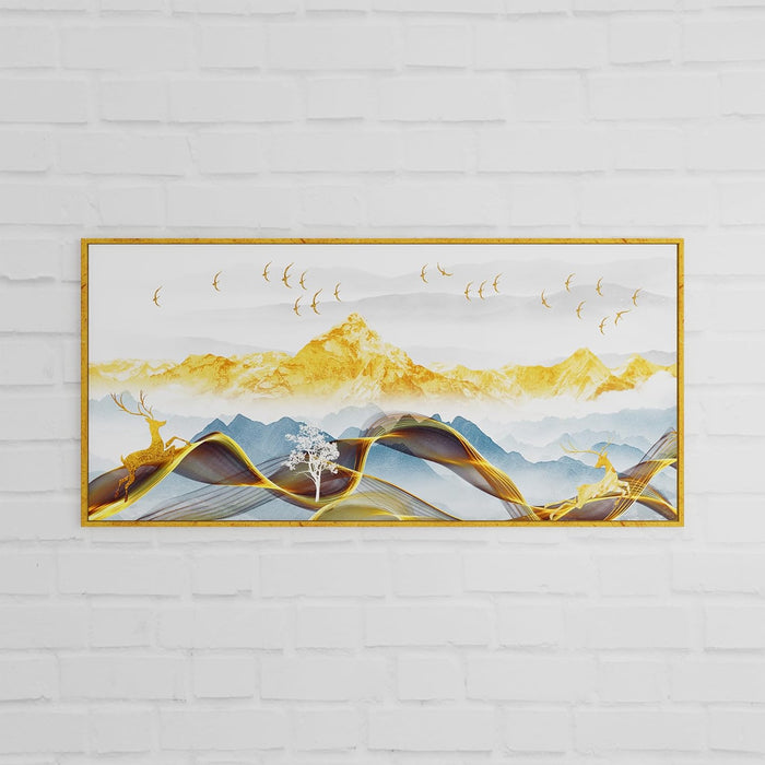 Art Street Abstract Golden Deer & Birds on Mountain Large Canvas Painting Panel for Home Décor (Gold, 23x47 Inch)