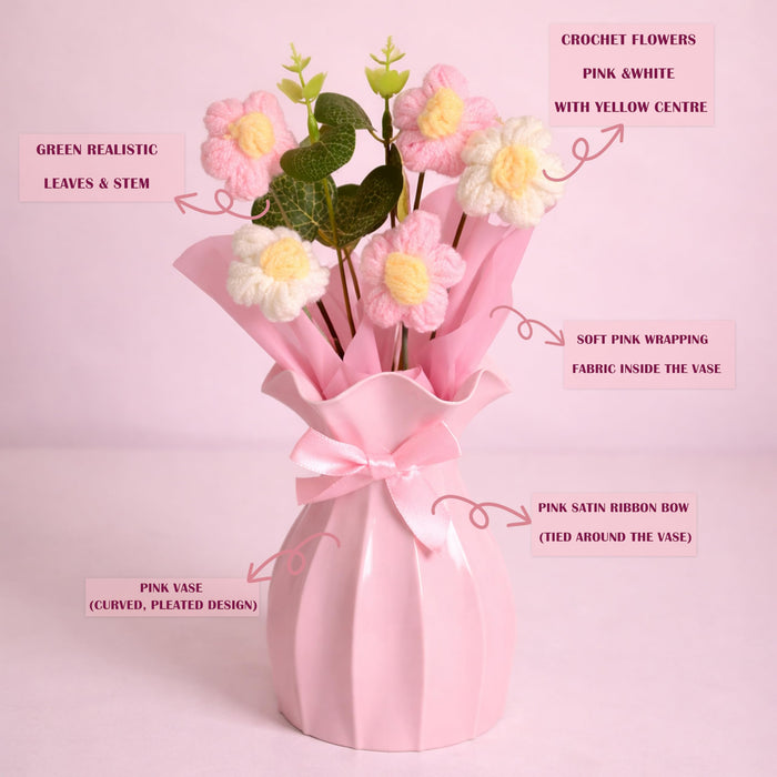 Art Street Handmade Knitted Flower Bouquet with Pink Ribbon Reusable Vase – Artificial Wool Flowers & Eucalyptus Arrangement | Home & Office Table Décor | Gift for Valentine Day