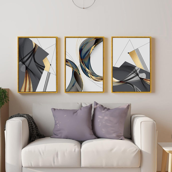 Nordic Abstract Golden Canvas Painting For Home Decor, Geometric Industrial Style Framed Art Prints (17x23 Inch, Set of 3)