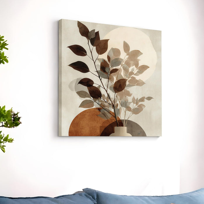 Abstract Botanical Leaf Stretched Canvas Wall Art Painting For Living Room, Modern Minimalist Earth Tone Painting, Boho Japandi Home Decor for Living Room, Bedroom & Office (56xx56 cm)