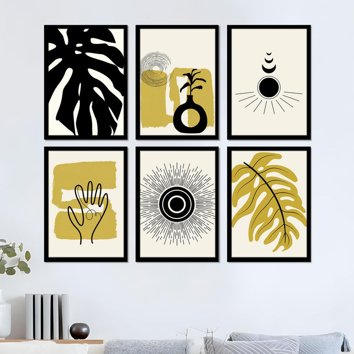 Abstract Botanical & Geometric Framed Painting Wall Art Set of 6 | Modern Neutral Prints | Beige, Brown & Black Tones | Engineered wood Frame Wall Décor, (Size: A3)