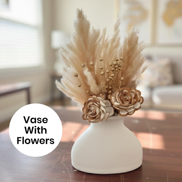 Art Street White Ceramic Decorative Vase with Pampas Grass & Golden Wood Flowers | Minimalist Table Decor | Aesthetic Home Decoration for Living Room, Bedroom, Entryway | Dried Flower Arrangement Set