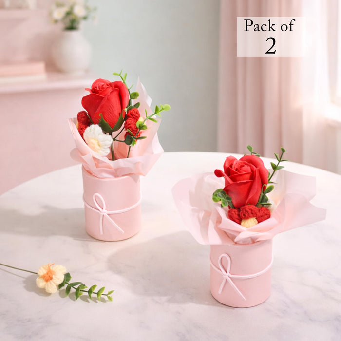 Art Street Artificial Rose & Knitted Daisy Flower Bouquet in Pink Box – Handmade Decorative Floral Arrangement for Home Décor, Office Table, & Anniversary, (Set of 2, 9x19 cm)