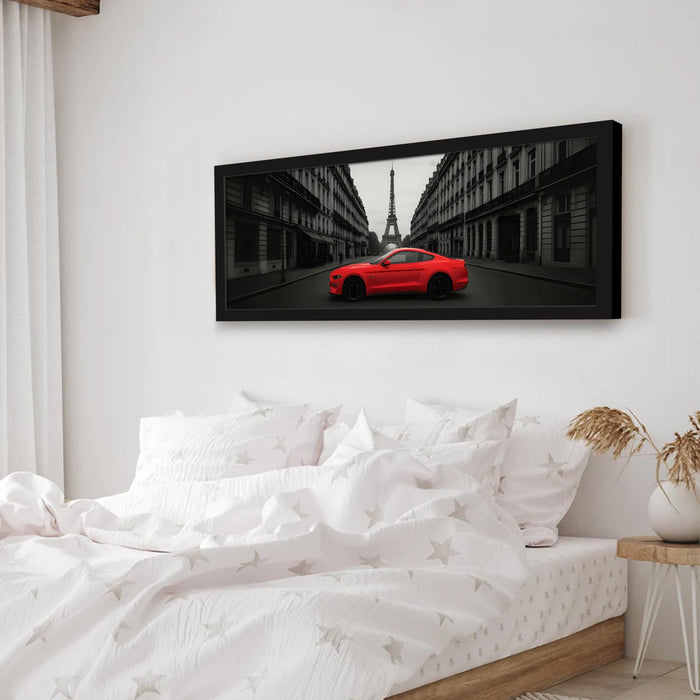 Paris City Racing Car with Eiffel Tower View Wall Art Framed Luxury Paintings for Home Decoration, Living room, Bedroom and Office Decoration (99x38 CM)