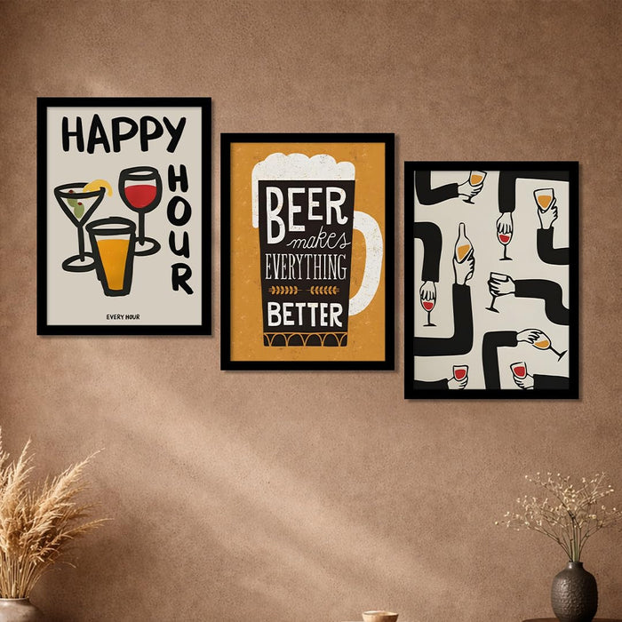 Bar and Beer Retro Graphic A3 Framed Poster for Living Room With Frame, “Happy Hour” Retro Framed Posters for Home Decor Bar Pub Lounge Dining area restaurant Hotel Set of 3, Size 33x45 cm
